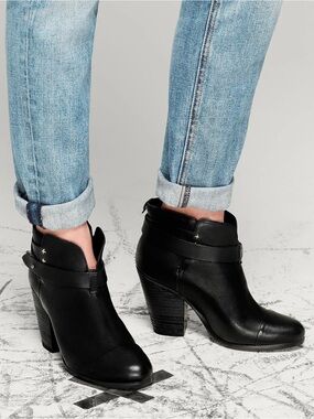 Rag & Bone Harrow Leather Heeled Black Booties Size 38
